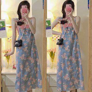 Spaghetti Strap Top / Floral Print Midi A-line Denim Overall Dress