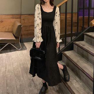 Floral-sleeve A-line Midi Dress