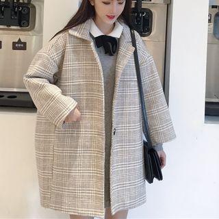 Plaid Single-breasted Coat / Long-sleeve Collared Knit Dress