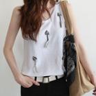 Feather-embellished Linen Tank Top