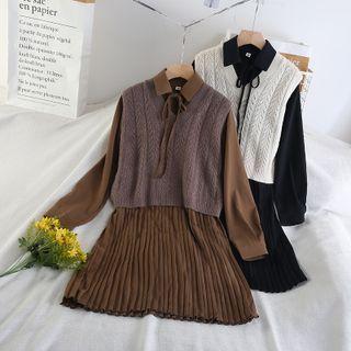 Set: Long-sleeve Collared A-line Dress + Cable-knit Sweater Vest
