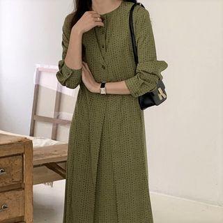 Mock Two-piece Long-sleeve Round Neck Dotted A-line Midi Dress