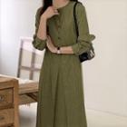 Mock Two-piece Long-sleeve Round Neck Dotted A-line Midi Dress