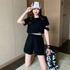 Set : Short-sleeve Cutout Cropped T-shirt + Wide-leg Shorts
