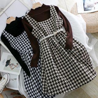 Set : Crewneck Plain Knit Long-sleeve Top + Houndstooth Sleeveless Dress