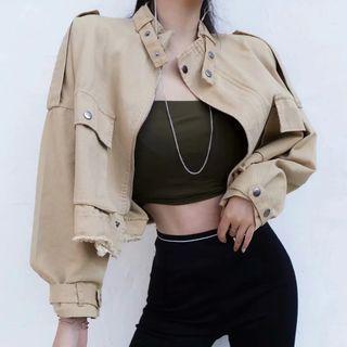Cropped Zip-up Jacket Khaki - One Size
