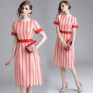 Striped Lace Trim Short-sleeve Midi A-line Dress