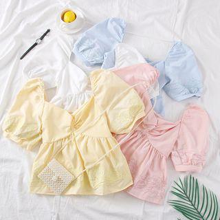 Flower-embroidered Ruched Crop Blouse