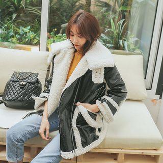 Fleece Lined Faux-patent Biker Jacket Black - One Size
