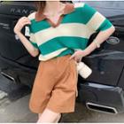 Short-sleeve V-neck Striped Polo Shirt / Shorts