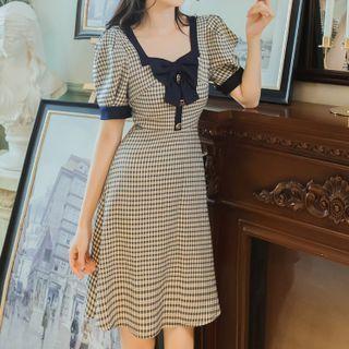 Puff-sleeve Bow-accent Check A-line Dress