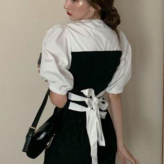Puff-sleeve Tie Back Color Block Dress