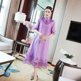 Elbow-sleeve Traditional Chinese Midi A-line Lace Dress