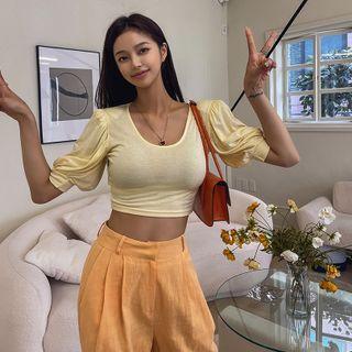 U-neck Puff-sleeve Cropped T-shirt
