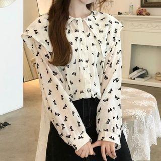 Long Sleeve Bow Print Sailor Collar Shirt Almond - One Size
