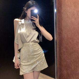 Sleeveless Top / Sequined Mini Pencil Skirt