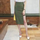 Cutout-hem Plaid Midi Pencil Skirt