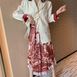 Asymmetric Double-breasted Blazer / Printed Midi A-line Skirt