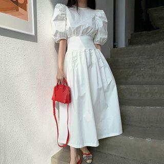 Puff Sleeve Plain High Waist A-line Dress