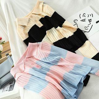 Polo-neck Two-tone Rib Knit Top
