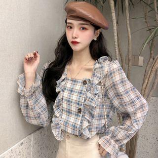Plaid Ruffle Blouse As Shown In Figure - One Size