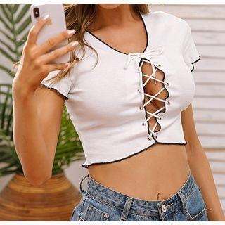 Cutout Lace-up Cropped T-shirt