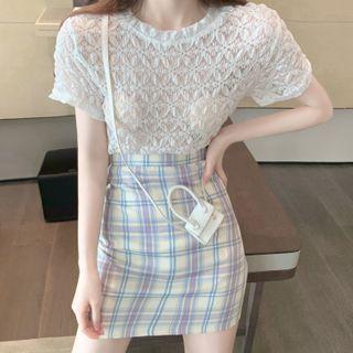 Short-sleeve Lace Blouse / Plaid A-line Skirt