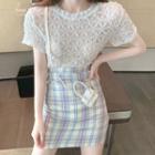 Short-sleeve Lace Blouse / Plaid A-line Skirt