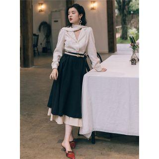 Set: Faux Pearl Blouse + Midi A-line Skirt