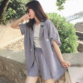 Set: Plaid Double-breasted Blazer + High Waist Shorts