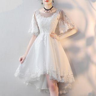 Lace Flared-sleeve Midi Cocktail Dress