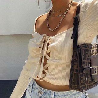 Lace-up Cropped Knit Top Beige - One Size