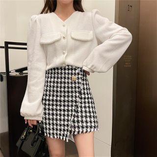 V-neck Blouse / Houndstooth Min Pencil Skirt