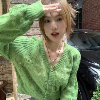 V-neck Cut-out Light Cardigan Green - One Size