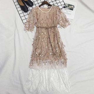 Set: Sequined Short-sleeve Dress + Lace Hem Tank Dress