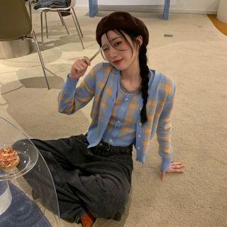 Set: Sleeveless Plaid Knit Top + Cardigan