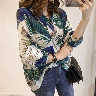 3/4-sleeve Crochet Lace Panel Leaf Print Blouse
