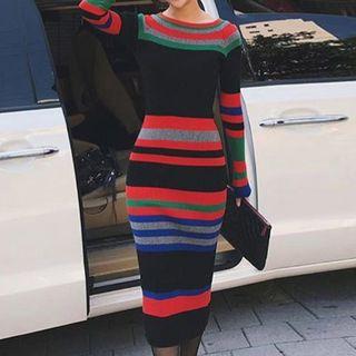 Striped Long-sleeve Knitted Sheath Knit Dress As Shown In Figure - One Size