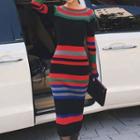Striped Long-sleeve Knitted Sheath Knit Dress As Shown In Figure - One Size