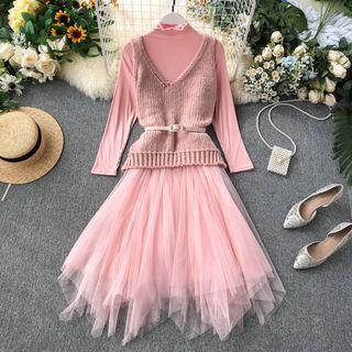 Set: Long-sleeve Ruffled Mesh A-line Dress + Knit Vest