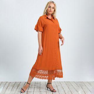 Short-sleeve Lace Panel Midi Shirtdress