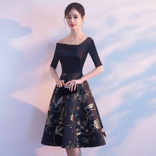 Short-sleeve Cold-shoulder Floral Panel Midi Prom Dress