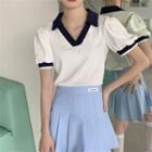Lantern-sleeve V-neck Contrast T-shirt