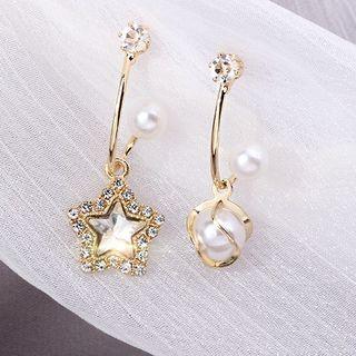Non-matching Rhinestone Star Faux Pearl Dangle Earring 1 Pair - A370 - Non-matching Rhinestone Star Faux Pearl Dangle Earring - One Size