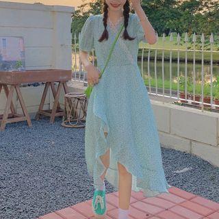 Short-sleeve Floral A-line Dress Dress - Green - One Size