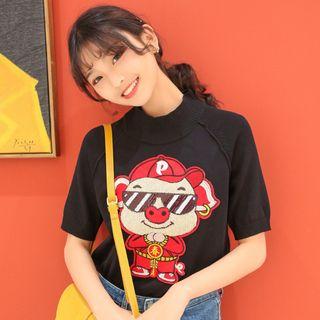 Short-sleeve Pig Applique Knit Top