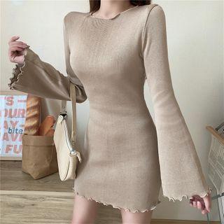 Bell-sleeve Knit Frill Trim Mini Sheath Dress Camel - One Size