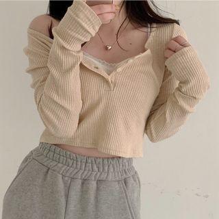 Square Neck Ribbed Long Sleeve Crop Top