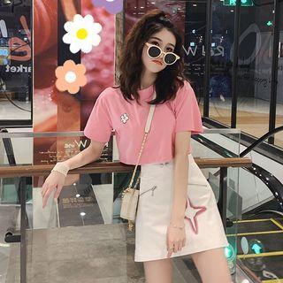 Short-sleeve Flower Print Cropped T-shirt / High Waist A-line Skirt / Set