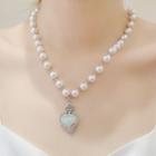 Rhinestone Heart Pendant Faux Pearl Necklace White - One Size